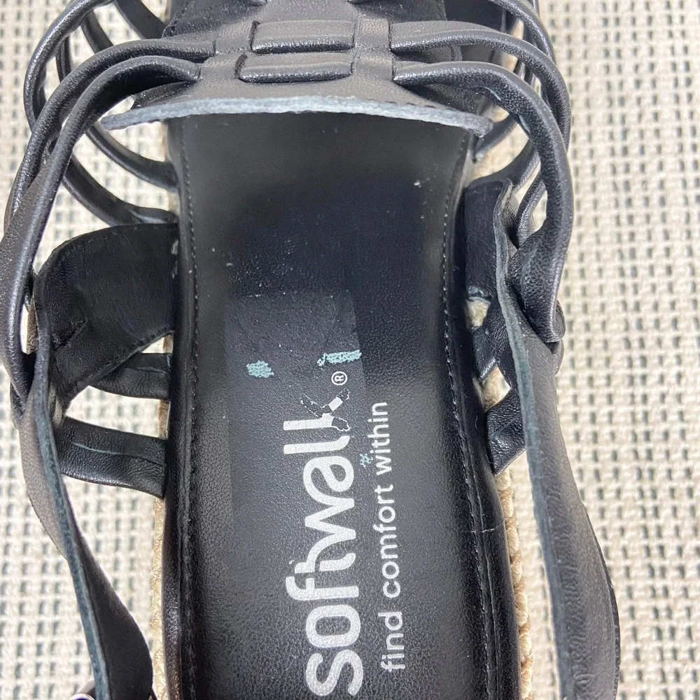 SoftWalk Espadrille Sandals Sz 10.5 Wide Black Leather‎ Coastal Resort Summer
